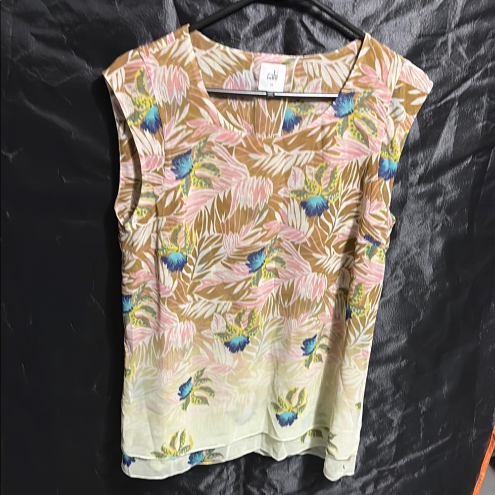 CAbi Women's Tropical Print Sleeveless Blouse - Brown, Pink, Blue